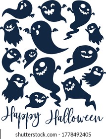 Happy halloween greeting card. Silhouettes of cheerful and kind ghosts. Vector illustration.