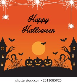 Happy Halloween greeting card with silhouettes pumpkins ,haunted house and spider web on orange background.Vector illustration
