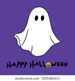 Happy Halloween greeting card with a simple ghost in a sheet isolated on purple background. Vector illustration