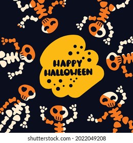 Happy Halloween greeting card. Skeletons on a black background in a circle