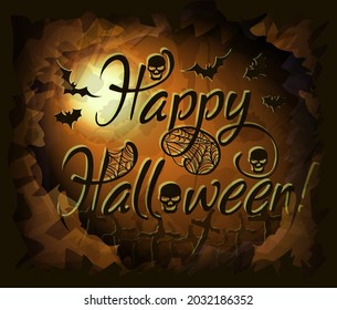 Happy halloween greeting card with skull and bats silhouettes, vector illustration