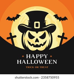 Feliz Halloween tarjeta de saludo medios sociales postea furiosa plantilla de diseño de silueta de calabaza vectorial ilustración plana. Tradicional celebración de feriados de octubre espeluznante con cruz de luna y anuncio de murciélago volador