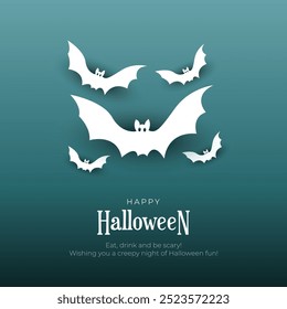 Tarjeta de felicitación feliz de Halloween y publicación en redes sociales. Fondo moderno de Halloween con lindo personaje de murciélago y truco o trato Ilustración vectorial