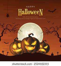 Feliz cartão de saudação de Halloween e postagem de mídia social. Plano de fundo moderno do Halloween com abóboras assustadoras e ilustração do vetor da lua cheia