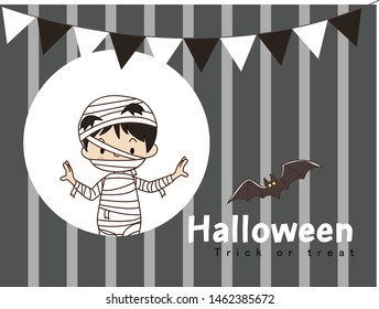 Happy Halloween greeting card in soft black & white stripe background And black & white pennant flags on the top,
with cutie mummy boy and flying bat.