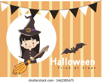 Happy Halloween greeting card in soft orange stripe background And black & white pennant flags on the top,
with cutie witch girl and her magic broom. flying bat.