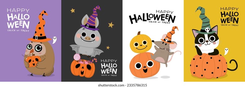 Happy halloween greeting card with spooky pumpkin, cat, bat, rat and owl wear witch hat. Holidays cartoon character. -Vector