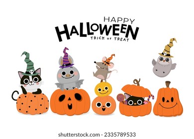 Happy halloween greeting card with spooky pumpkin, cat, bat, rat and owl wear witch hat. Holidays cartoon character. -Vector