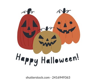 Happy Halloween greeting card with spooky pumpkins, cartoon flat vector illustration isolated on white background. Hand drawn pumpkins with scary faces. Autumn holiday celebration.