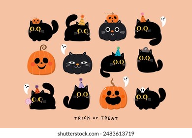 Happy halloween greeting card with spooky pumpkin, ghost and cute black cats. Holidays cartoon character. -Vector