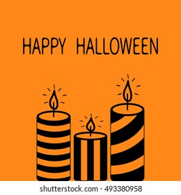 Happy Halloween Greeting card. Striped candle set. Flat design. Orange background. Vector illustration