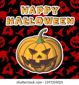 Happy Halloween greeting card. Stylized Image of jack o lantern on black and red background with Halloween elements: carved pumpkin, witches hat, raven, cat, ghost, skull, and spider 