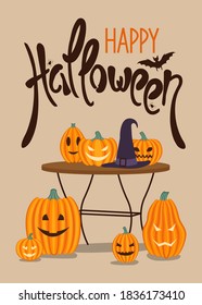 Happy Halloween greeting card. Table decorated with pumpkins and a witch's hat. Cartoon style. Vector illustration.