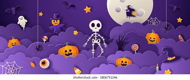 Happy halloween greeting card template with full moon, skeleton, pumpkins, ghost and candy in paper cut style on violet background. Vector illustration. 