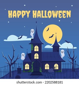 Happy Halloween Greeting Card Template. Scary Holiday Celebration. Editable Social Media Post Design. Flat Vector Color Illustration For Poster, Web Banner, Ecard. Creepster Font Used