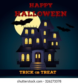 Happy halloween greeting card template with haunted house. Vector illustration