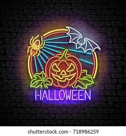 Happy Halloween Greeting Card Template. Shiny Neon Lamps Glow Style on Black Brick Wall. Singboard with Jack o Lantern Pumpkin, Spider and Bat Symbols. Beautiful Holiday Flyer. Vector 3d Illustration