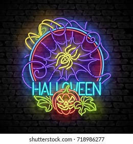 Happy Halloween Greeting Card Template. Shiny Neon Lamps Glow Style on Black Brick Wall. Singboard with Pumpkin, Spider and Spiderweb Symbols. Beautiful Holiday Flyer. Vector 3d Illustration