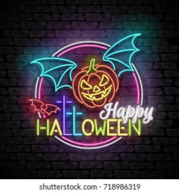 Happy Halloween Greeting Card Template. Shiny Neon Lamps Glow Style on Black Brick Wall. Singboard with Vampire Pumpkin, Bat and Cross Symbols. Beautiful Holiday Flyer. Vector 3d Illustration.