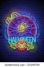 Happy Halloween Greeting Card Template. Shiny Neon Lamps Glow Stylization on Blue Brick Wall. Singboard with Pumpkin, Spider and Spiderweb Symbols. Beautiful Holiday Flyer. Vector 3d Illustration.