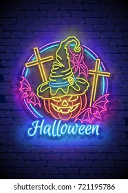 Happy Halloween Greeting Card Template. Shiny Neon Lamps Glow Stylization on Blue Brick Wall. Singboard with Vampire Pumpkin, Bat and Cross Symbols. Beautiful Holiday Flyer. Vector 3d Illustration