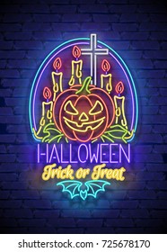 Happy Halloween Greeting Card Template. Shiny Neon Lamps Glow Stylization on Blue Brick Wall. Singboard with Pumpkin, Candle and Cross Symbols. Beautiful Holiday Flyer. Vector 3d Illustration