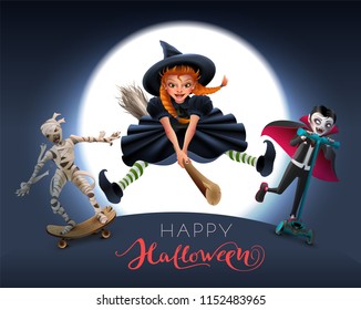 Happy Halloween greeting card text. Witch on broom, mummy and vampire in night. Vector cartoon illustration