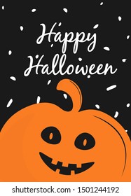 Happy Halloween greeting card with text for Halloween. Cute cartoon pumpkin on black background. Vector