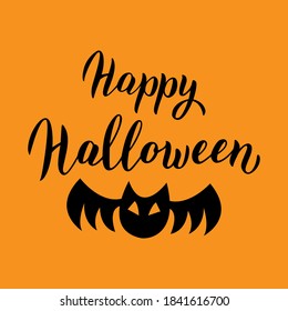 Happy Halloween greeting card . Halloween text banner with bat. Trendy lettering template. Vector eps 10.
