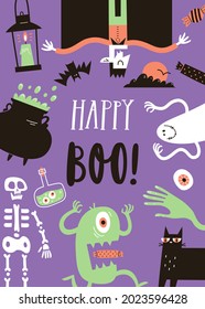 Happy halloween greeting card with traditional elements and characters in simple hand drawn style. Holiday party poster.