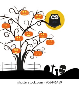Happy halloween greeting card with tree, pumpkins, owl and skull