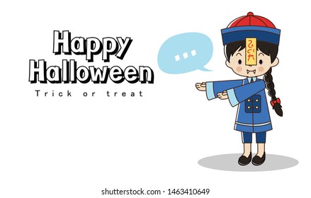 Happy Halloween greeting card. Trick ot treat.Little cute boy in Chinese zombie ghost costume.