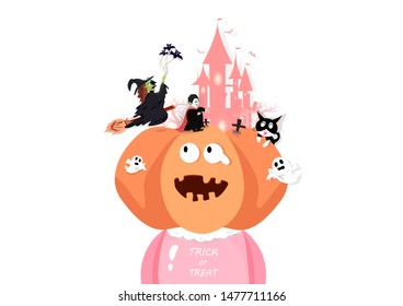 Happy Halloween greeting card, trick or treat, festival cute cartoon character, invitation poster background vector