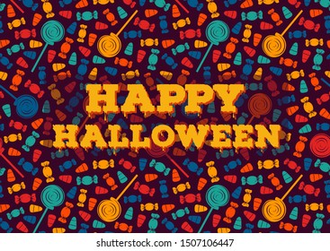 Happy Halloween greeting card. Trick or treat concept poster. Traditional holiday sweets pattern. Kids background template. Repeated candy silhouettes print. Vector illustration