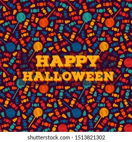 Happy Halloween greeting card. Trick or treat concept poster. Traditional holiday sweets pattern. Kids background template. Repeated candy silhouettes print. Vector illustration