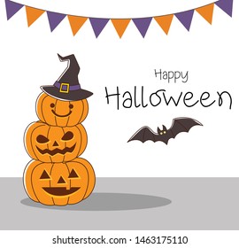 Happy Halloween Greeting card. triple carved pumpkin in witch hat and flying bat.