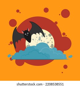 Happy Halloween greeting card with two cute characters black bats flying near full moon, clouds on dark night background. Vector cartoon flat style holiday illustration.