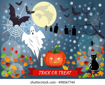 Happy Halloween greeting card. Typography inscription Trick or treat. Scary holiday poster.