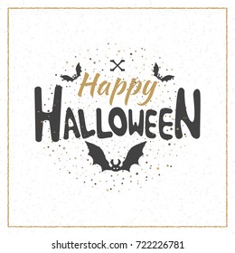 Happy Halloween greeting card. Typography design elements for greeting card or party flyer. Black and golden color theme. Vector illustration