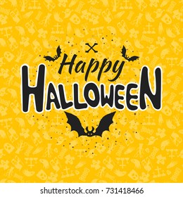 Happy Halloween greeting card. Typography design elements on seamless background. Black and yellow color theme. Vector illustration