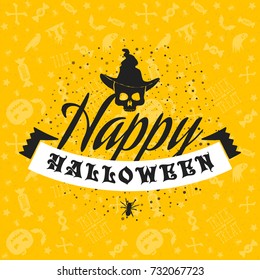 Happy Halloween greeting card. Typography design elements on seamless background. Black and yellow color theme. Vector illustration