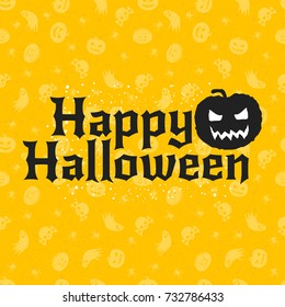 Happy Halloween greeting card. Typography design elements on seamless background. Black and yellow color theme. Vector illustration