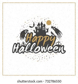 Happy Halloween greeting card. Typography design elements for greeting card or party flyer. Black and golden color theme. Vector illustration