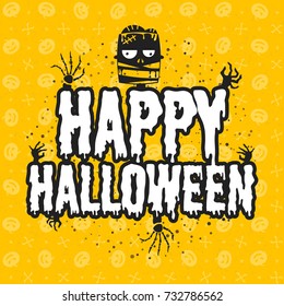 Happy Halloween greeting card. Typography design elements on seamless background. Black and yellow color theme. Vector illustration