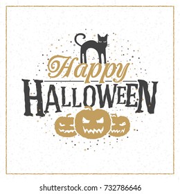 Happy Halloween greeting card. Typography design elements for greeting card or party flyer. Black and golden color theme. Vector illustration