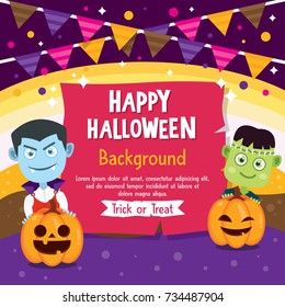 Happy Halloween greeting card with Vampire and Frankenstein costume, Halloween background with flag and pumpkin, Halloween vector illustration.