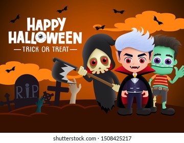 Happy halloween greeting card vector background design. Happy halloween trick or treat text with scary characters of vampire, zombie and grim reaper in dark cemetery background. Vector illustration.