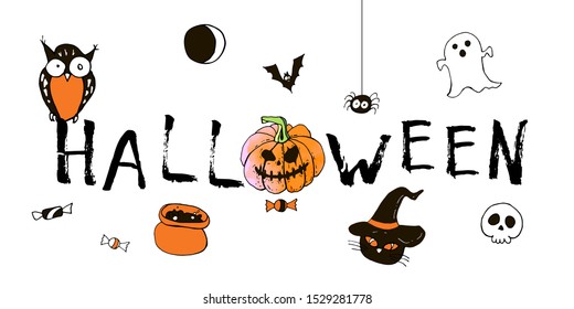 Happy halloween greeting card. Vector stock set. Cute cartoons with lettering. Holiday background. Hand drawn design elements. For postcards, greetings, logo. 