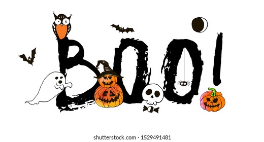 Happy halloween greeting card. Vector stock set. Cute cartoons with BOO lettering. Holiday background. Hand drawn design elements. For postcards, greetings, logo.