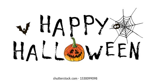 Happy halloween greeting card. Vector stock set. Cute cartoons with lettering. Holiday background. Hand drawn design elements. For postcards, greetings, logo. 